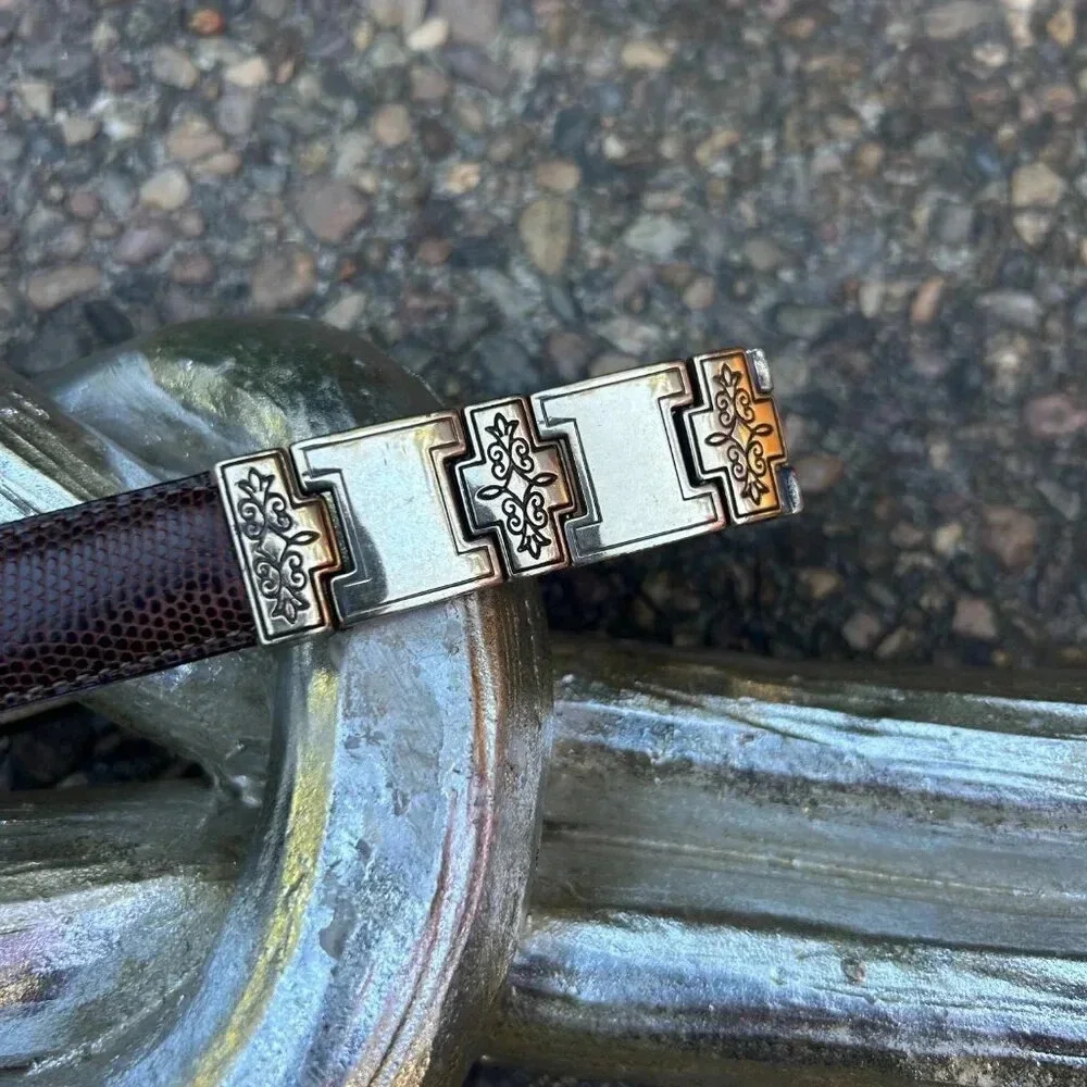Brighton Brown Leather Gold Engraved Metal Link Belt Size Medium